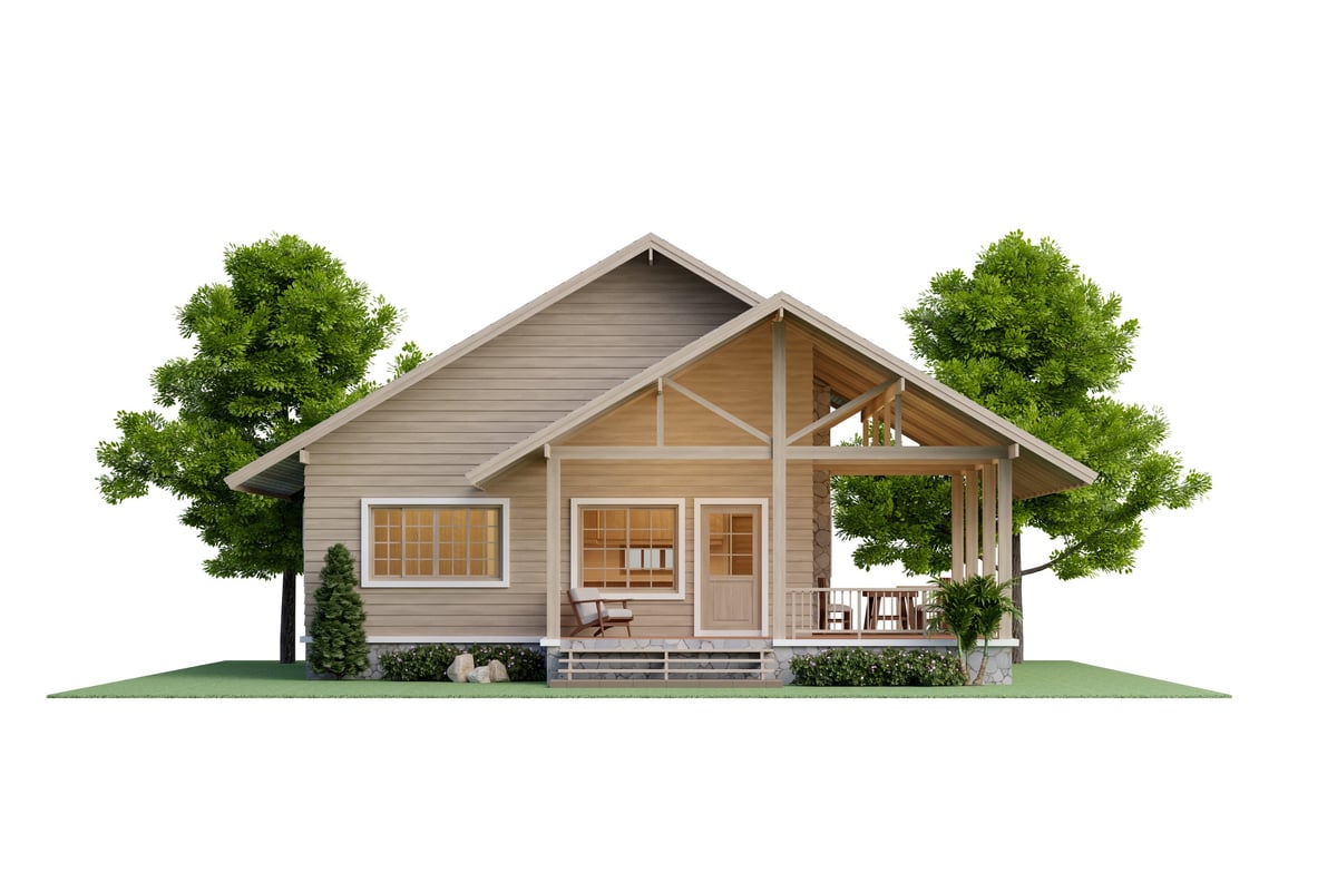 Front view of modern style small cottage wooden house on the green lawn isolated on white background with clipping path 3d render surrounded by lush nature