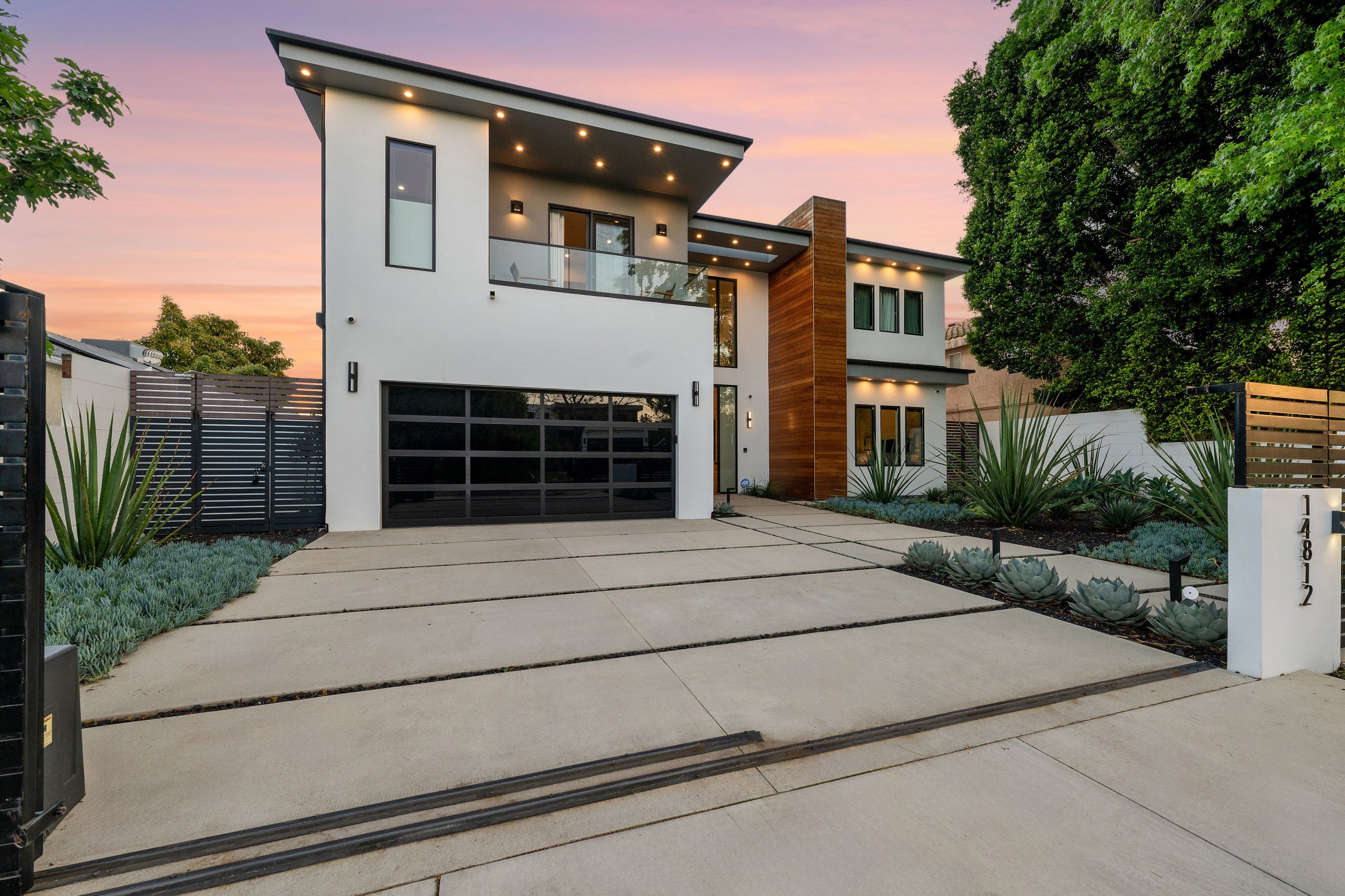 Twilight photo of a modern home